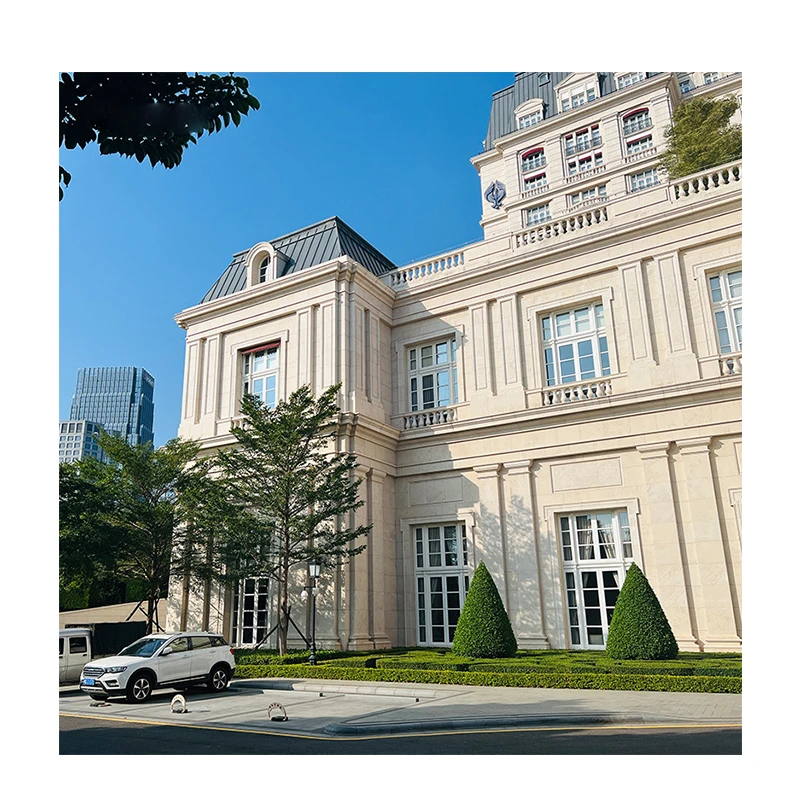 YDSTONE Villa Project Exterior Wall Natural Polished Crema Bianco Botticino Talia White Limestone Pavers Cladding