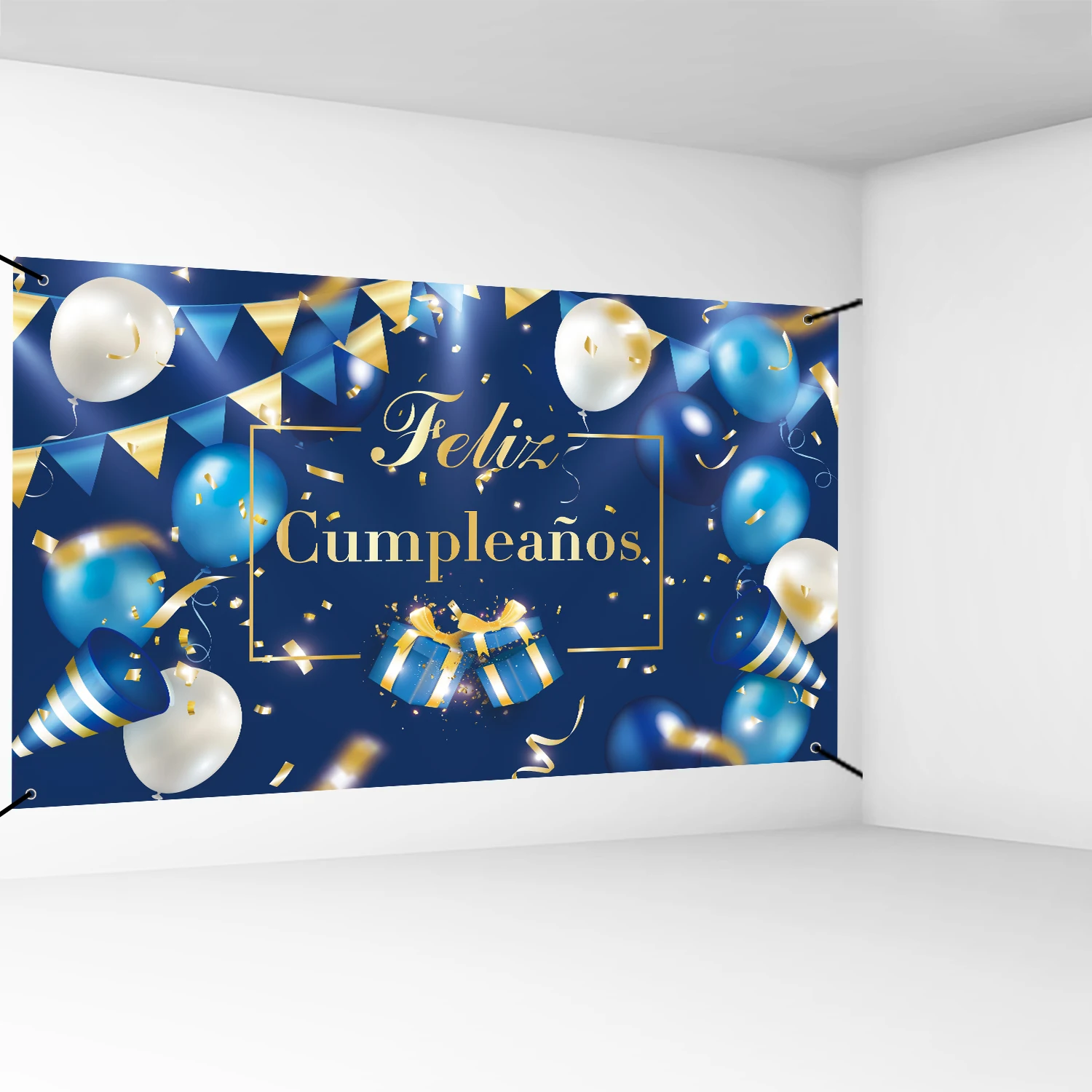 Spanish Words of Happy Birthday Banner Blue and Gold Backdrop for Birthday Decorations for Boys Party Decorations for Men