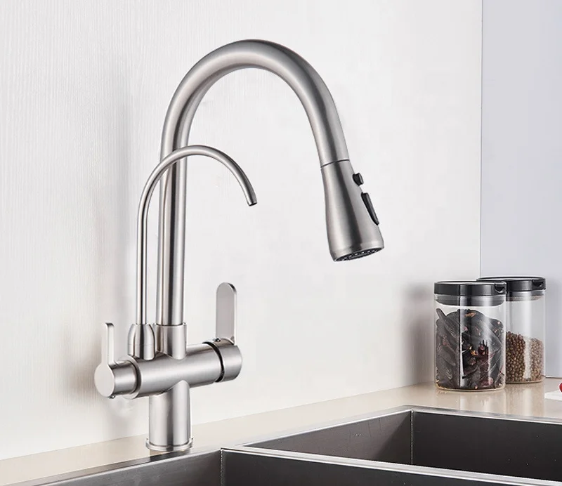 Black stainless steel three functions hot and cold drinking faucet tap pull out kitchen sink faucet