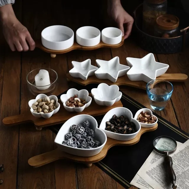  Ceramic Custom Heart Flower Star Shape Dry Fruit Plate Snack And Dessert Dish With Wooden
