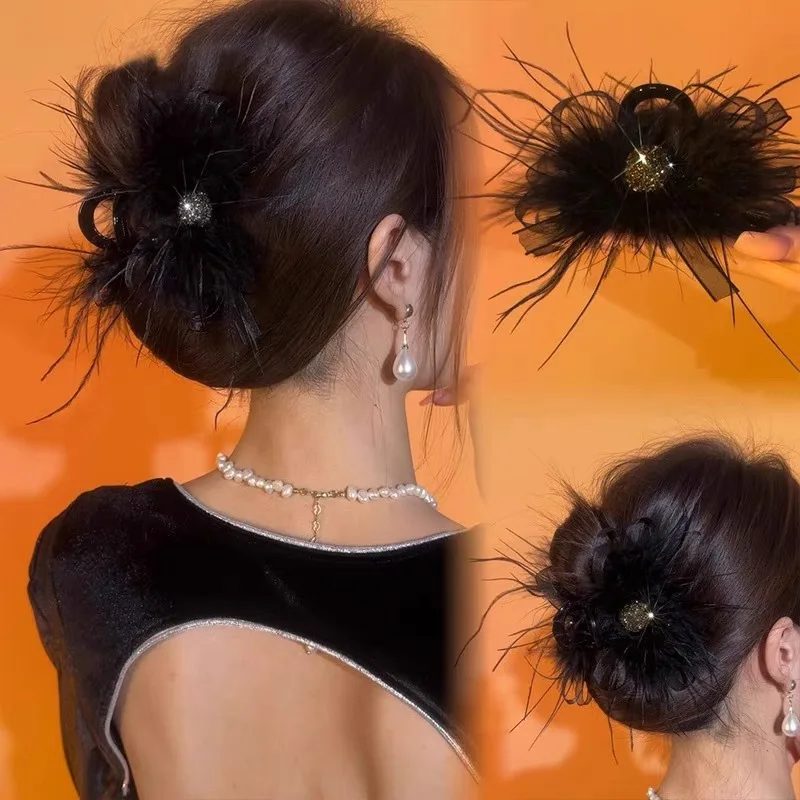 Autumn and winter feather grab clip advanced sense ostrich hair clip back head hair grab super fairy large shark clip