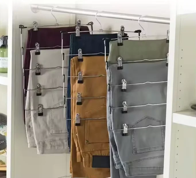 Hot selling wholesale foldable hanger wardrobe save space multilayer metal pant hanger with clips