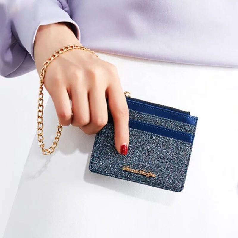 
Wholesale Mini Shiny Zipper Keychain Strap Portable Laser PU Leather Wallet Ladies Waterproof keychain card wallets for women 