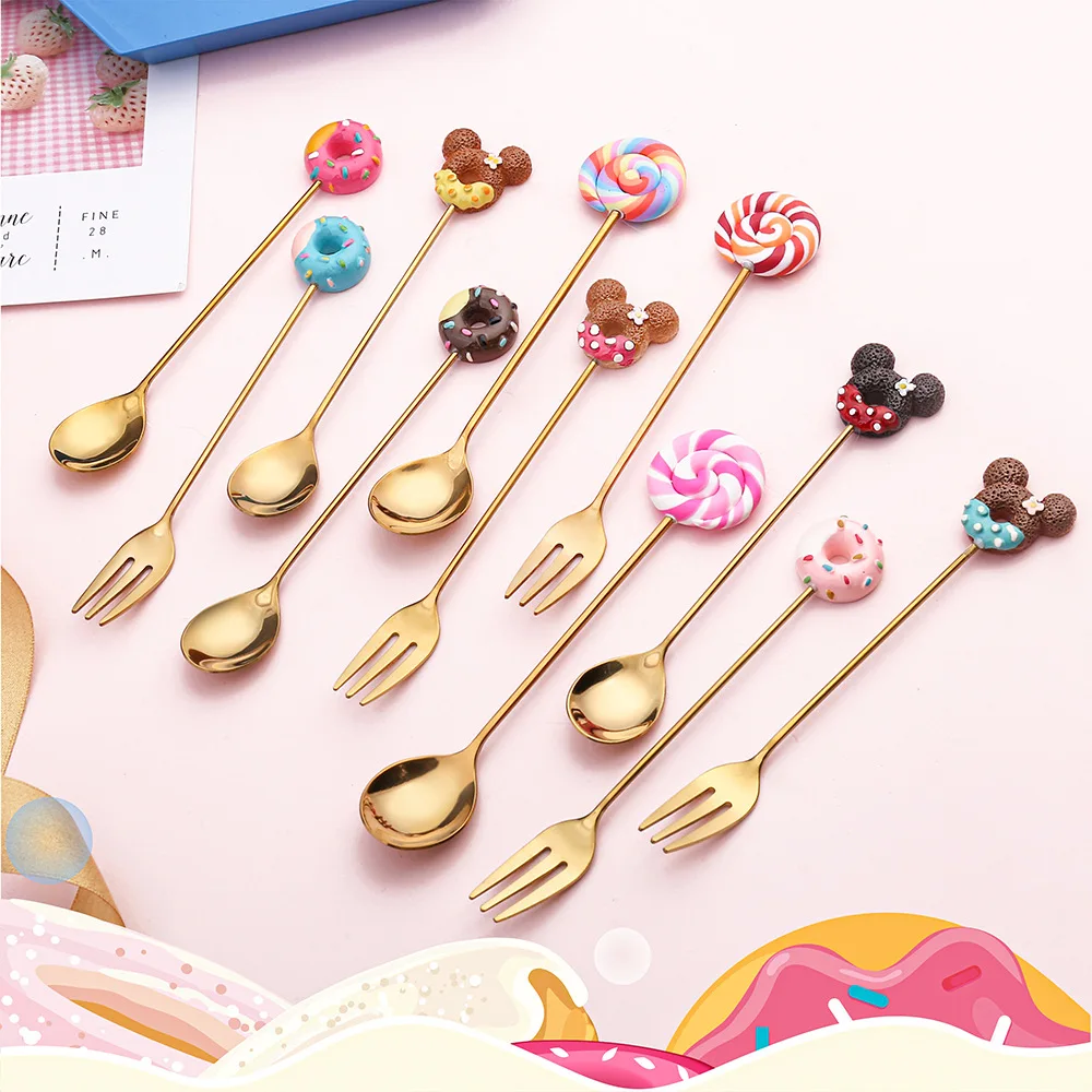 Stainless Steel Donuts Candy Shape Coffee Spoon Ice Cream Dessert Fruit Golden Fork Mixing Sugar Tea Spoons