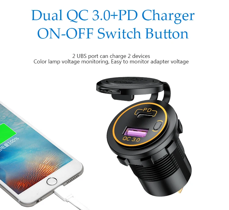 Fast Car Charger Equipped with USB-C PD and USB-A QC 3.0 On-Board Charger Socket Power Outlet with LED Switch