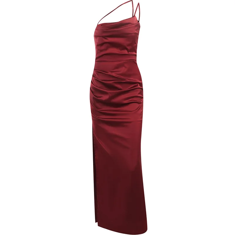 Customized evening dresses elegant Red Color One Shoulder Satin Fabric  Fitness  Evening Pleats Ladies  Dress