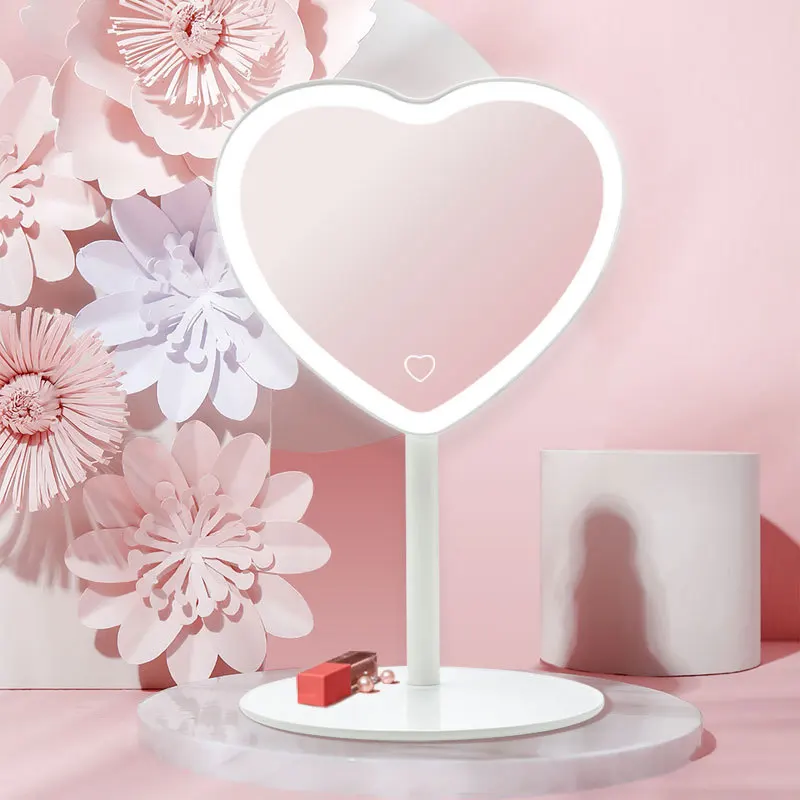 Wholesale Custom Logo Heart Shaped Pink Mirror Detachable Charging Beauty Led Travel Makeup Vanity Mirror With Light