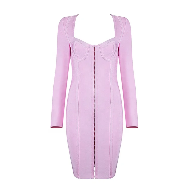 Pink wholesale celebrity cheap mini style rayon midi high quality long sleeve party vestidos sexy women bodycon bandage dress