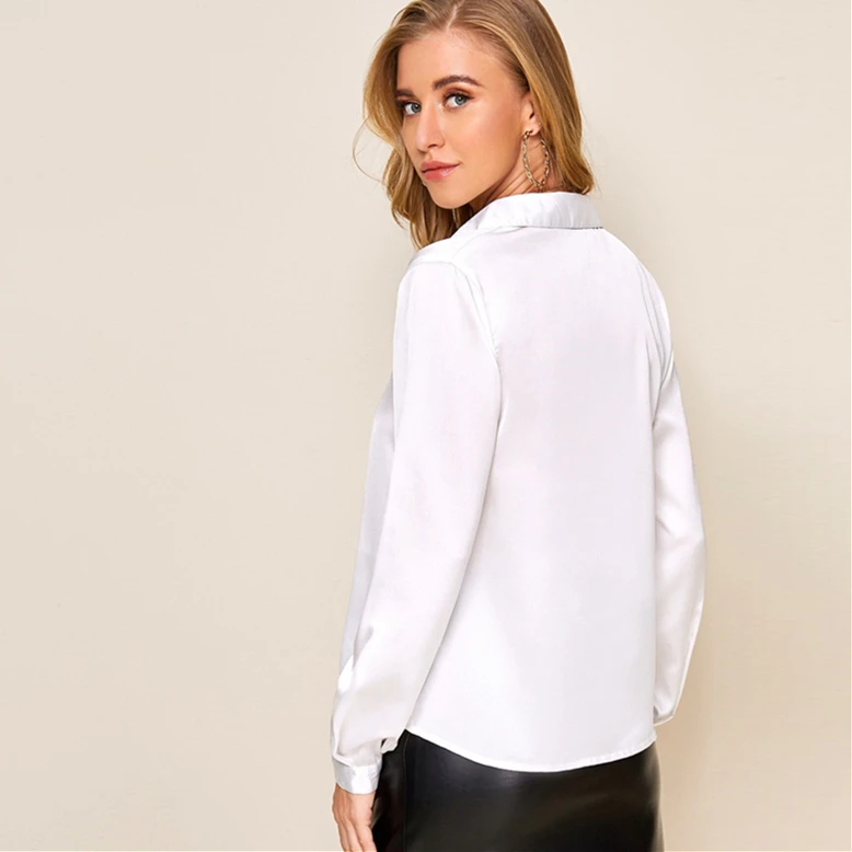 Women Turn-down Collar White Satin Shirt Long Sleeve Office Ladies Elegant Top Women Silky Shirt Women Glossy Blouse HSB6810