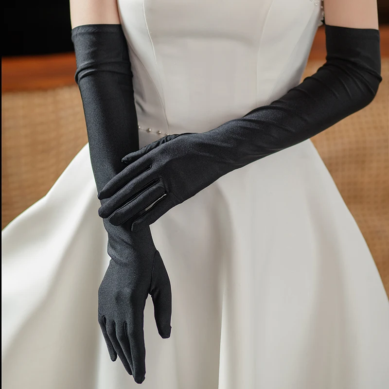 WG068 Elegant Wedding Bridal Black Gloves Full Long Satin Brides Bridesmaid Prom Evening Parties Gloves Women Accessories