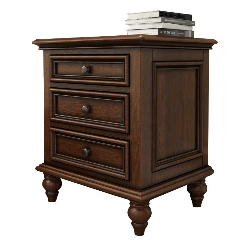 Dark Brown Solid Wood Double Deck Night Table 3 Drawer Bedside Table