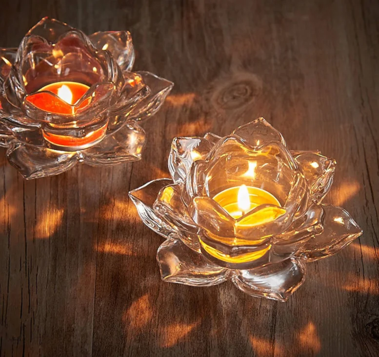 Crystal Butter Lamp Tea Light Candle Holder Clear Lotus Pray Lamp