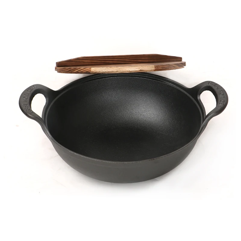 Quleno Cast Iron Camping Pot with Wooden Cover Multi-Caliber Ingot Frying and Stew Pot Pans
