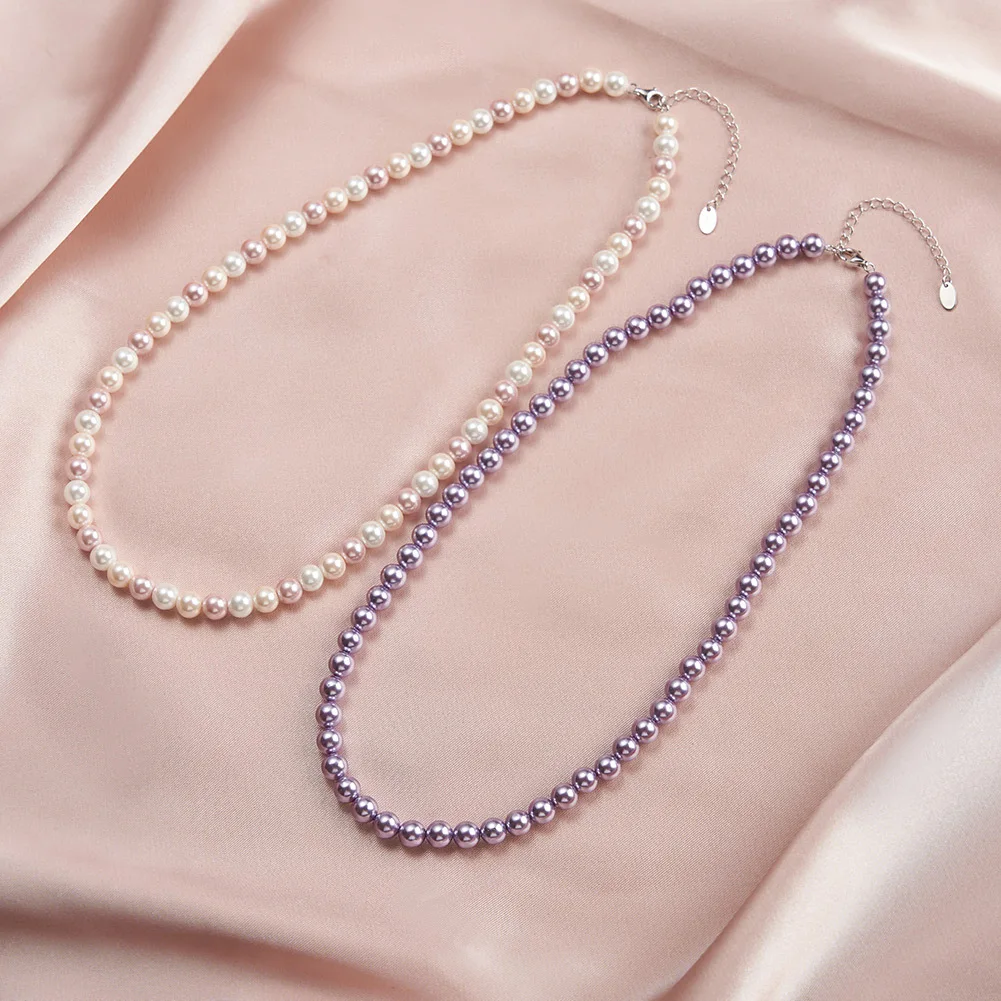 ACME  Fashion 925 Sterling Silver 6mm Round Pink Shell Pearl Necklace Strand Pearl Choker Necklace Jewelry for Women