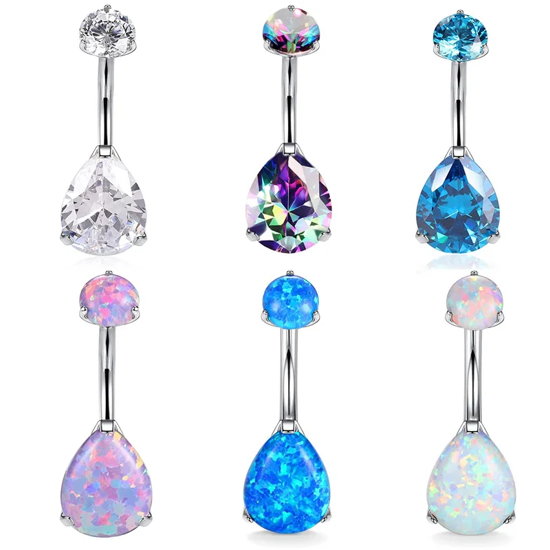 Round Teardrop Navel Ring Belly Button Rings Bars Titanium Piercing Jewelry Colorful Zirconia for Women Body White Blue Pink
