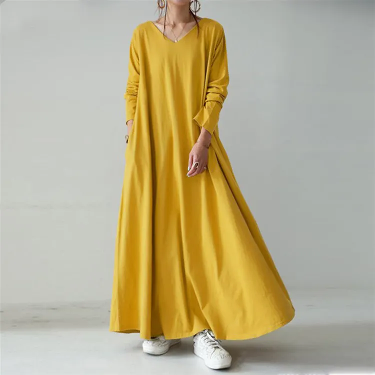 Latest autumn women clothing oversized long casual dresses plus size solid color long sleeve v neck maxi dress with pockets