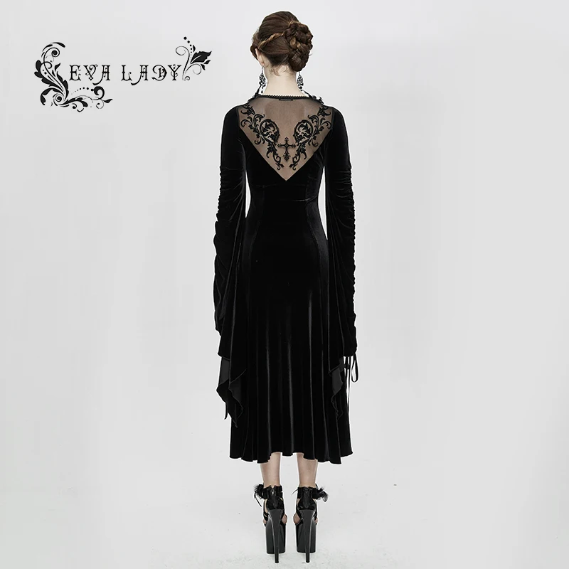 ESKT026 Eva Lady brand ball gown Romantic see through lace sexy women flared sleeve black velvet performance wear evening dress