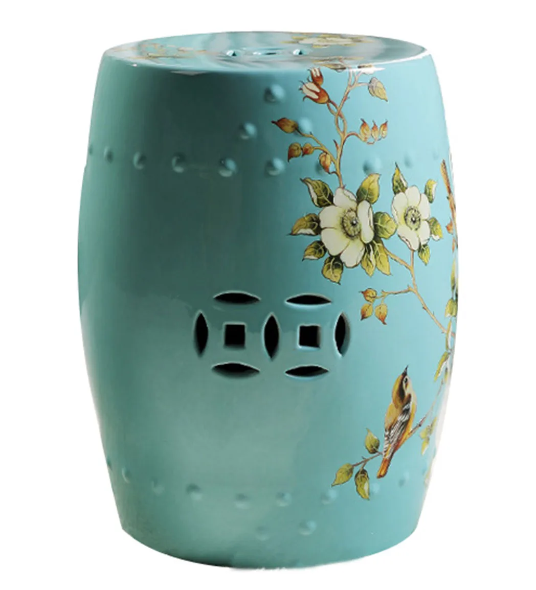 Modern Chinese Red Porcelain Drum Stools with Flower Bird Painting Decorative Ceramic Garden Stool