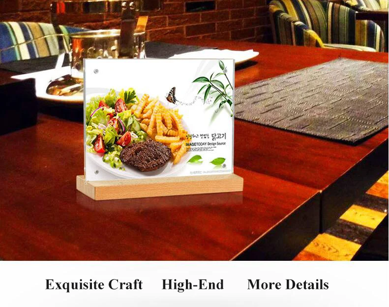 Horizontal T-shaped table card inserted into acrylic PS wooden shop advertising sign wooden display stand