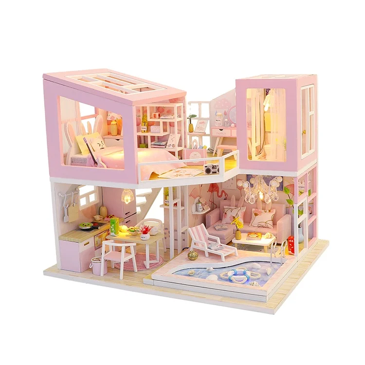 Hongda M915-C First Love pink doll house wooden miniature dollhouse diy dollhouse miniature kit