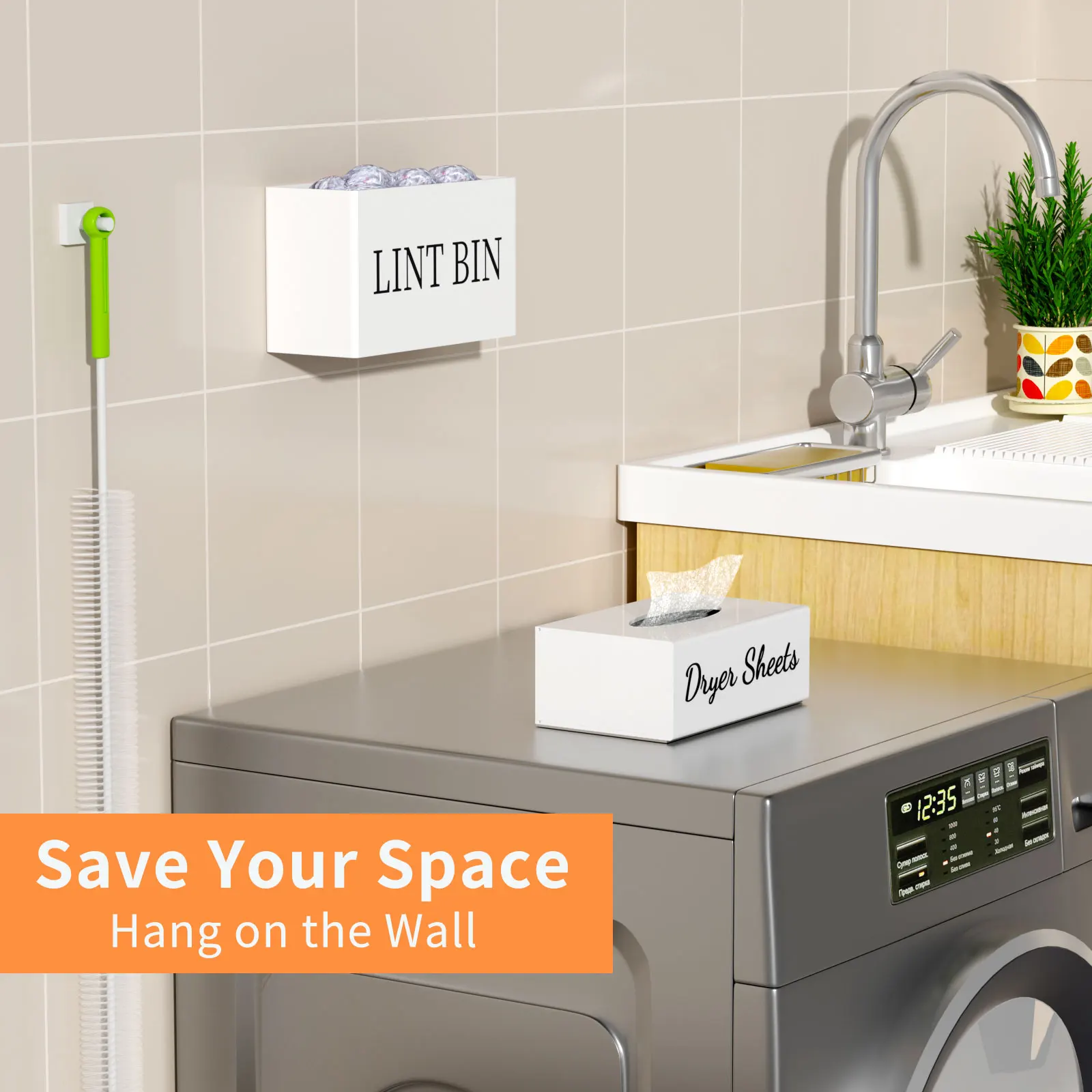 Magnetic Lint Bin Storage with dryer sheet dispenser holder and Lint Brush Laundry Room Organization Set