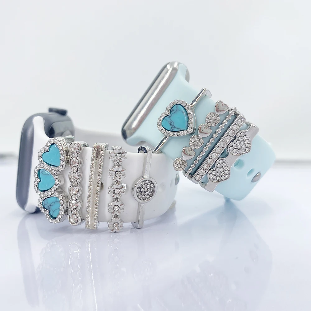 Turquoise Heart Charms For Apple Watch Band, 5pcs Sets Band Charms Compatible For Apple Watch Series 38/40/41/42/44/45mm