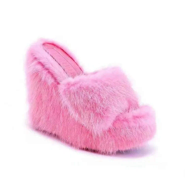 2021 new arrival wedge heel sandals faux women fashion fur slippers