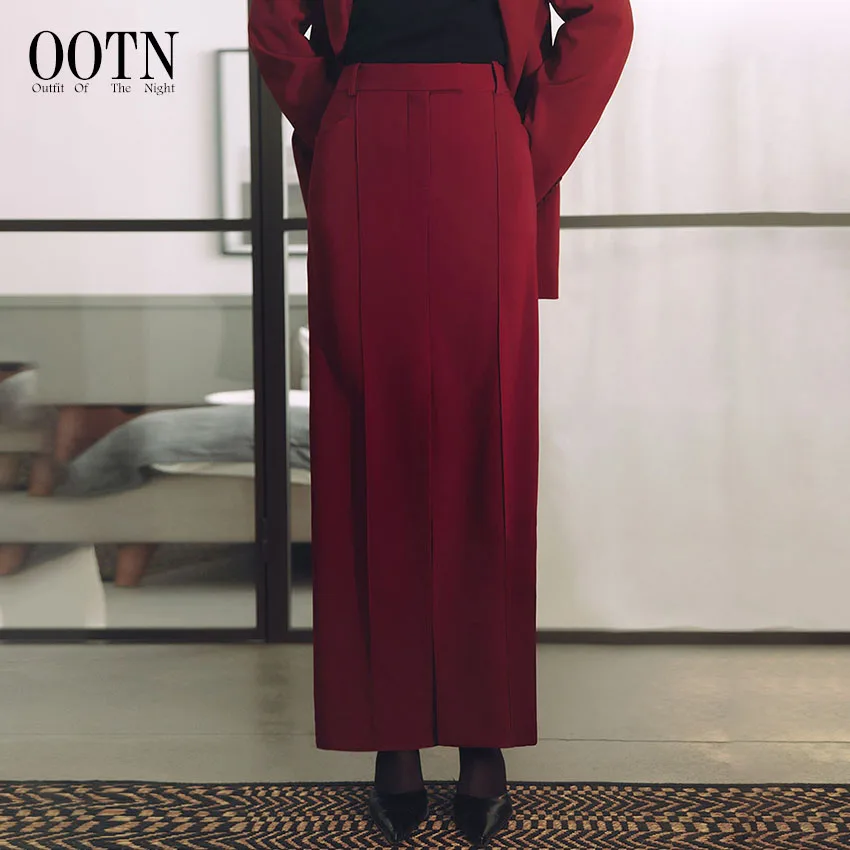 OOTN Office Lady Red Straight Skirts 2024 Elegant High Waist Pleated Skirt Women Fashion Casual Twill Long Skirts Spring Zipper