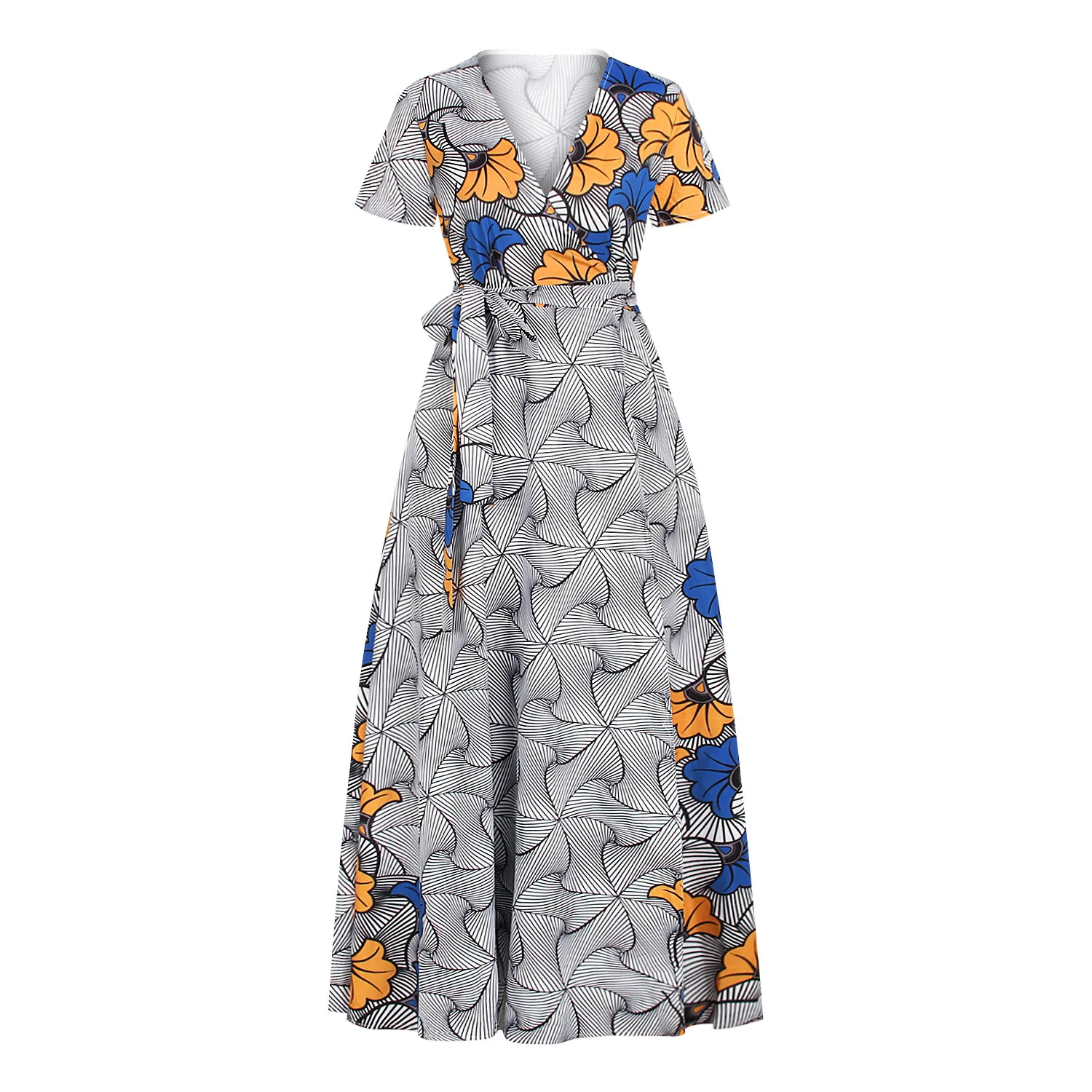 
Hot Style Digital Printed Short Sleeved V-neck Dresses with Full Skirts for African Women in Summer 