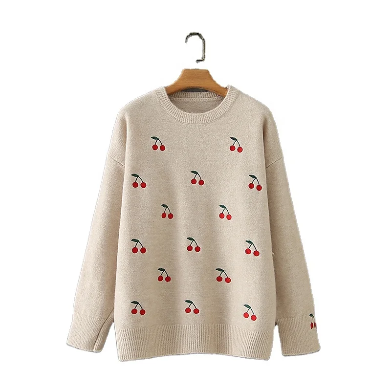 
women sweater jumpers with cherry patterns sweet style sweater print sweater for girls 