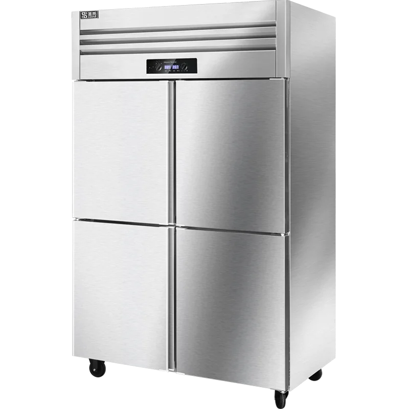 Коммерческий четырехдверный холодильник из нержавеющей стали, кухонный холодильник, вертикальный морозильник с двойной температурой
