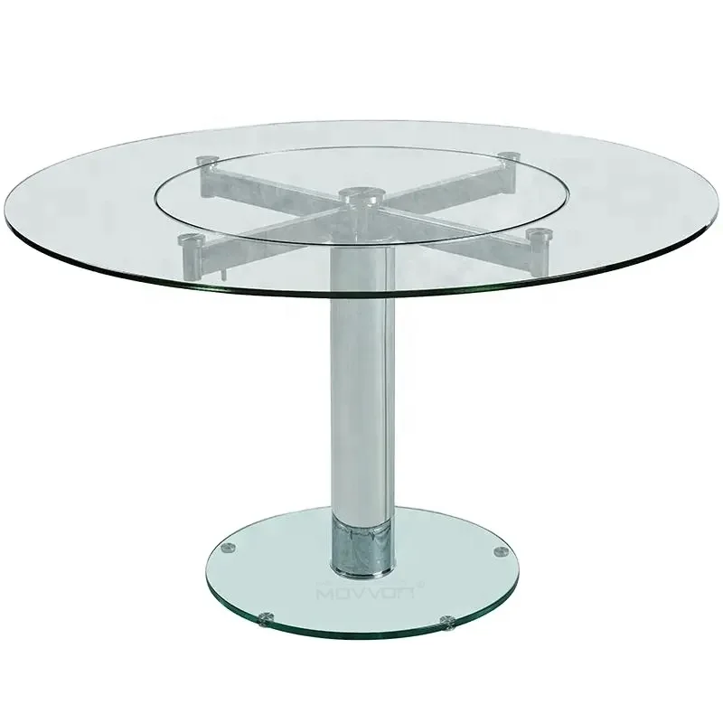 Hot Sale Tempered Glass 12MM Moving  Expanding Round Dining Table With Steel Chromed Frame Base