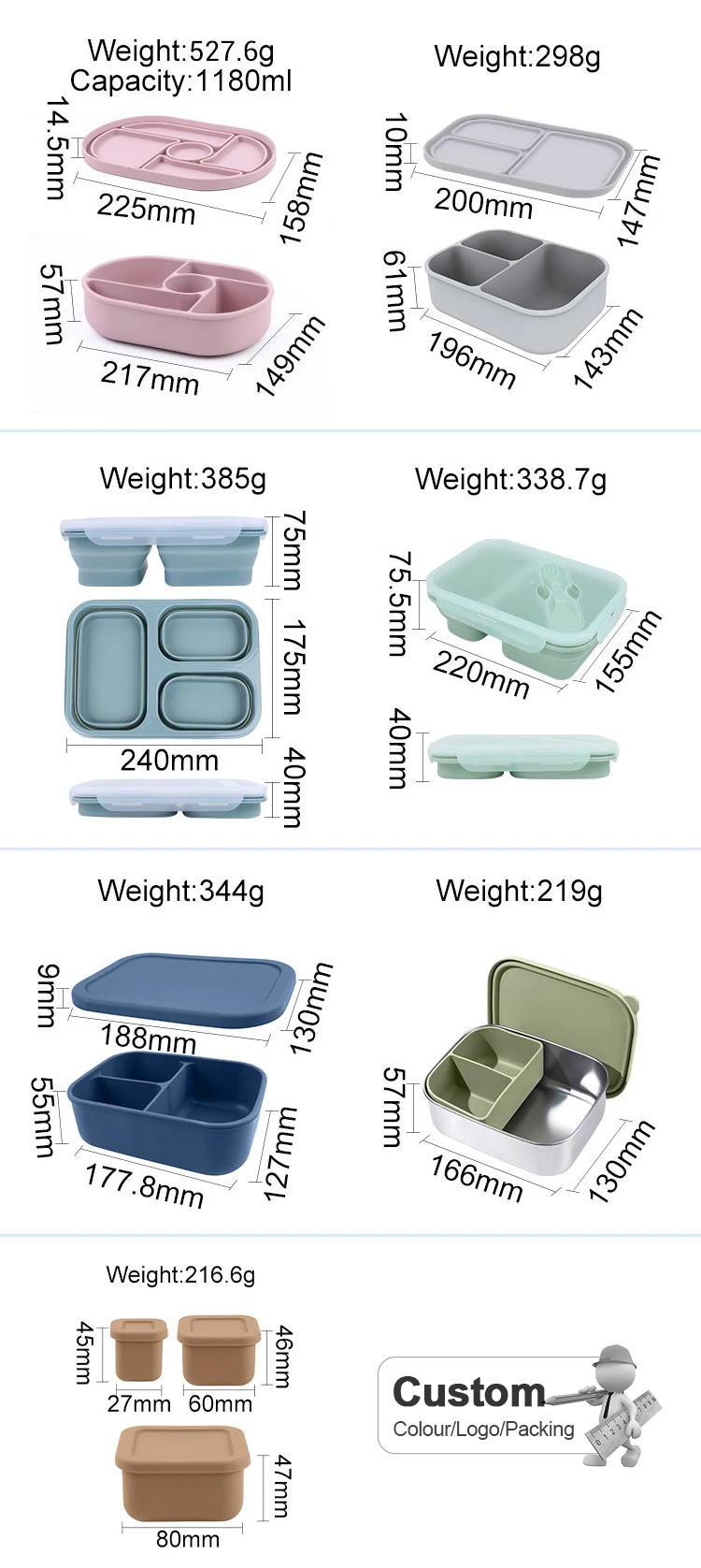 Wholesale Custom Bpa Free Food Grade Silicone Food Containers Collapsible Kids Lunch Box Stainless Steel Bento Box For School