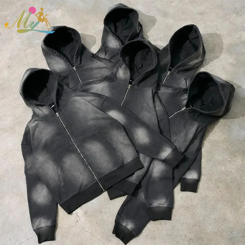 Custom Manufacturer Blank Acid Washed Hoodie Zipper Vintage Sweat Tracksuits Baggy Pants Flare Sweatpants And Hoodie Set For Men