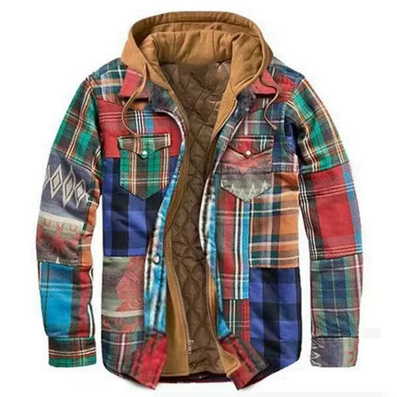 Thickened Cotton Printed Hooded Long Sleeve Button Warm Padded Flannel Winter Jacket Coat Mens