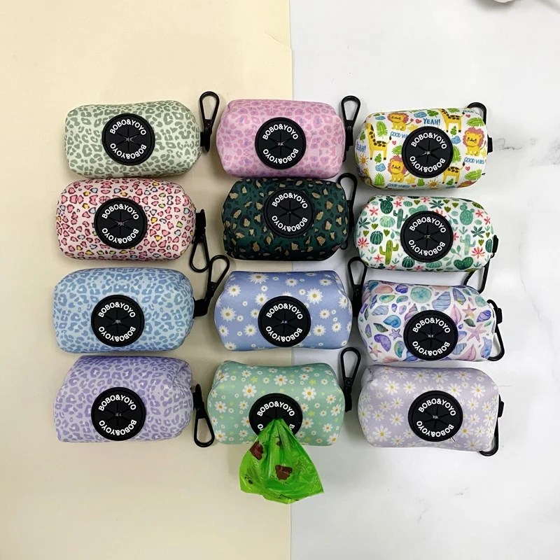2024 Custom Logo Print Design Wholesale Neoprene Fabric Doggy Pet Poo Bags Case Dispenser Dog Waste Poop Bag Holder