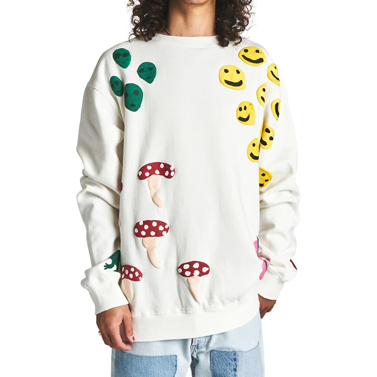 Decheng Oem Puff Printing Cute Oversized Drop Shoulder Cotton Hoodie Crew Neck Jumpers French Terry Off White Sweatshirt Man