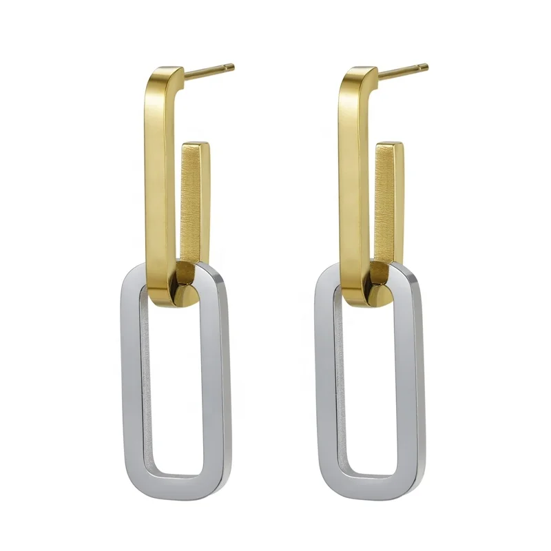 Custom High Quality 18K Gold Plated Earrings Fashion Jewelry Stainless Steel Double Paperclip link Chain Earrings For Women