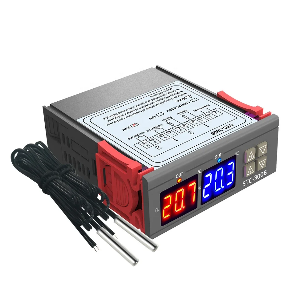  STC-3008 двойной светодиодные цифровые трубки термометр DC 24V регулятор температуры термостат NTC датчик Выход