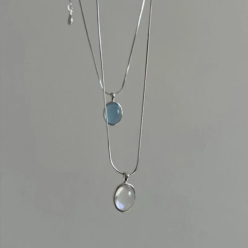 Beautiful Snake Chain Blue Natural Stone Pendant Necklace Delicate S925 Silver Oval Moonstone Necklace For Girls