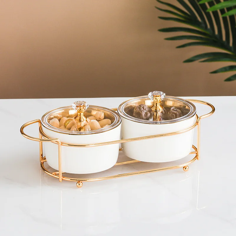 Porcelain green spice jar set with metal stand ceramic snack dried fruit dish with cover golden holder