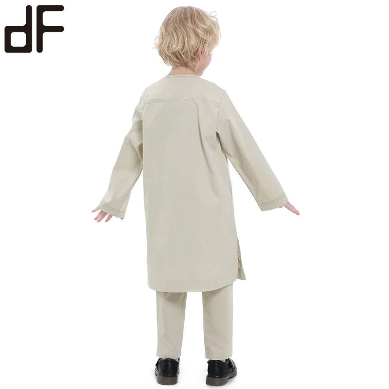 wholesale islamic children set clothing boys grey green button up kurta shirts with pants arabic tradition clothes for boy