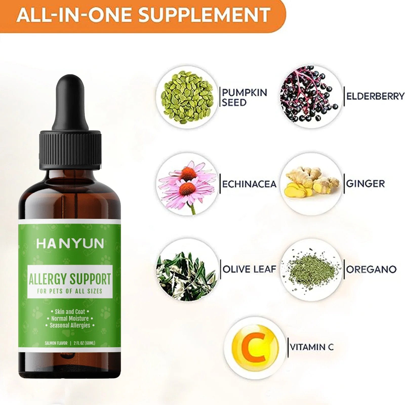 Hanyun Allergy Immune Drops Anti Itch & Hot Spots Natural Pet Supplement for Cat & Dog with Turmeric & Milk Thistle