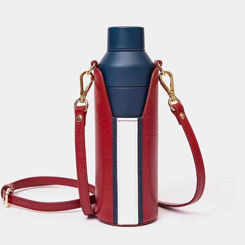 New Luxury Portable Wearable Leather Water Bottle Sleeve Carrier Bag Leather Holder Sleeve With Shoulder Strap