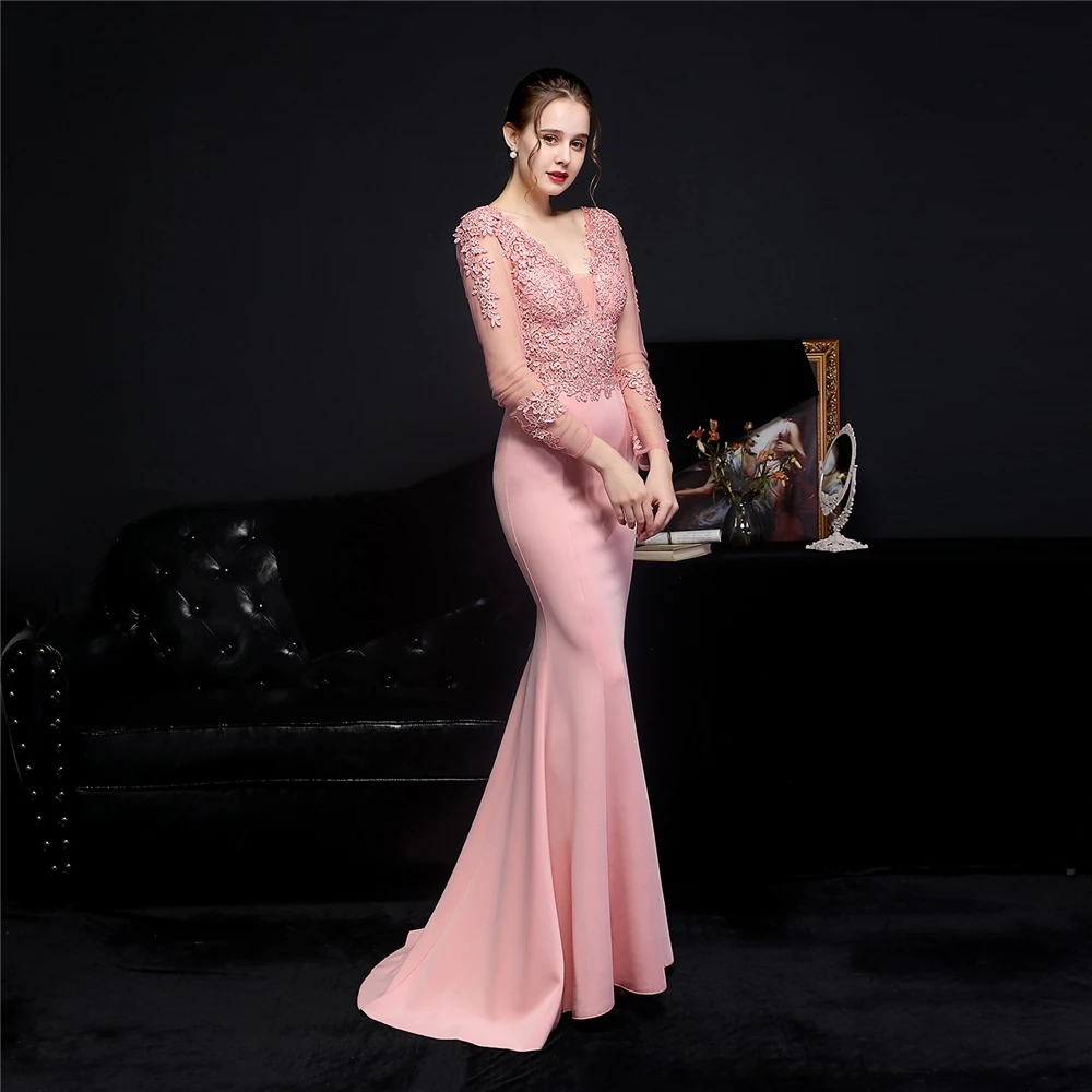 2021 New Arrival Long Sleeve Mermaid Pattern Embroidery Flowers V neck Evening Dress