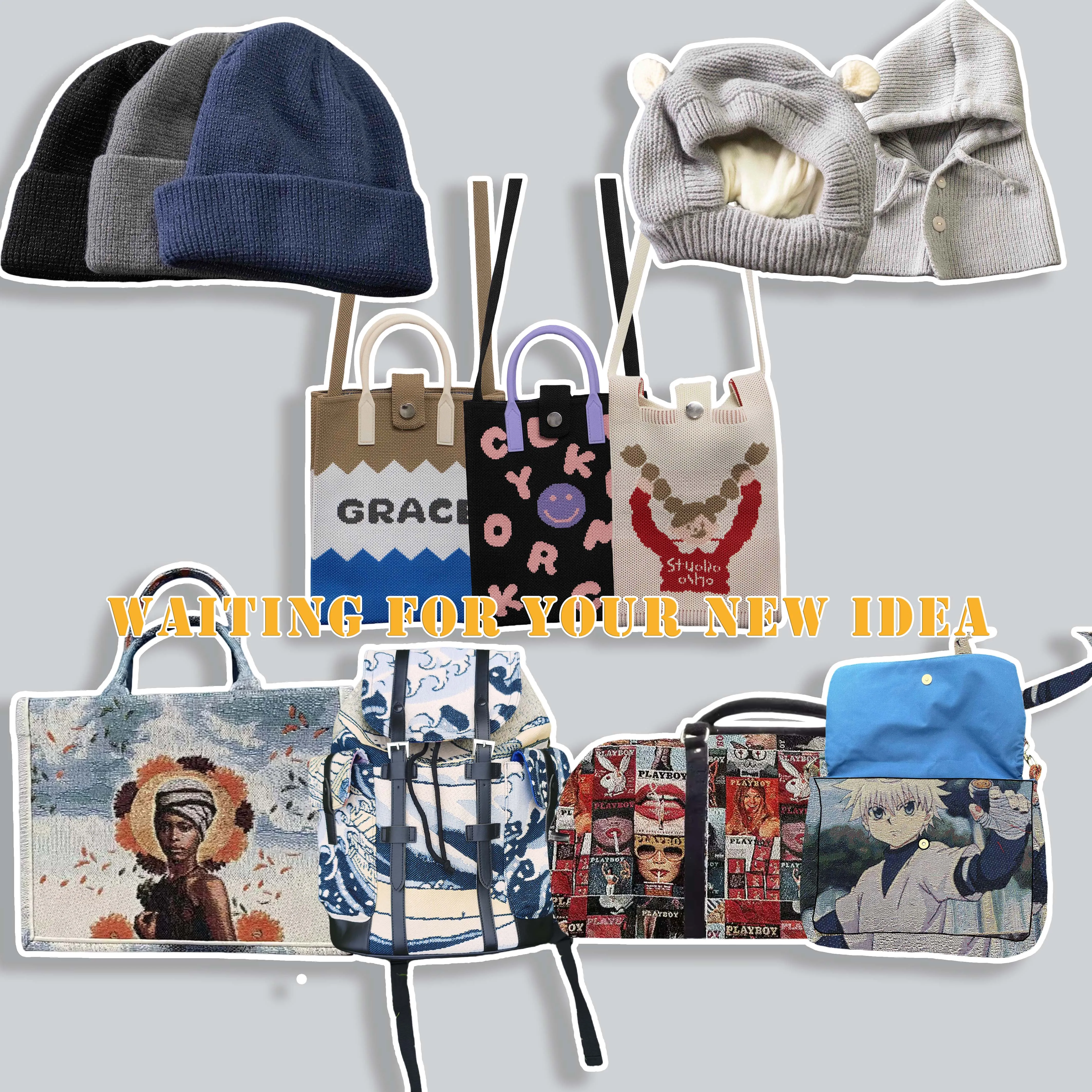 OEM Custom Design Cute Character Pattern Knitted Polyester Cotton Winter Hat with Ears Warm Beanie for outside Use
