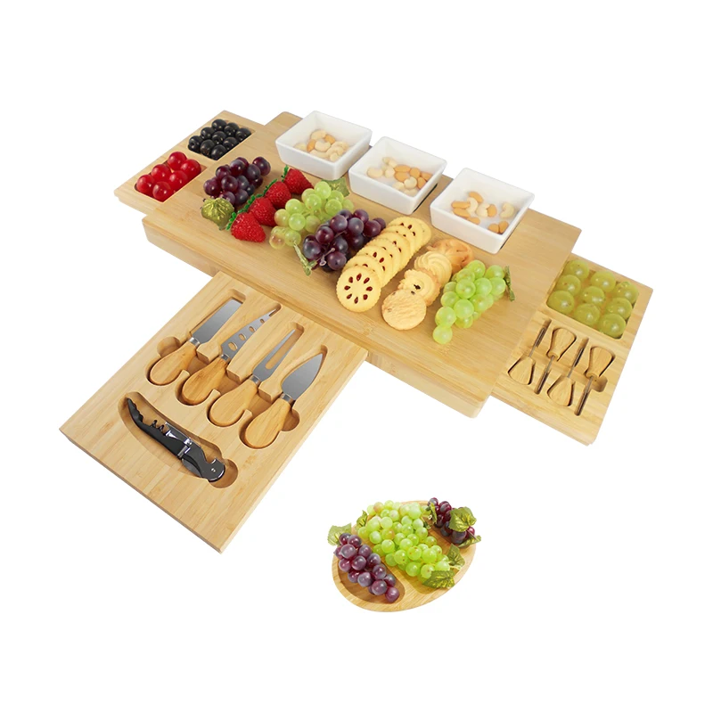 Bamboo Cheese Board Wooden Three Ceramic Bowls Three Magnet Drawers Serving Platter Cutlery Server Knife Set