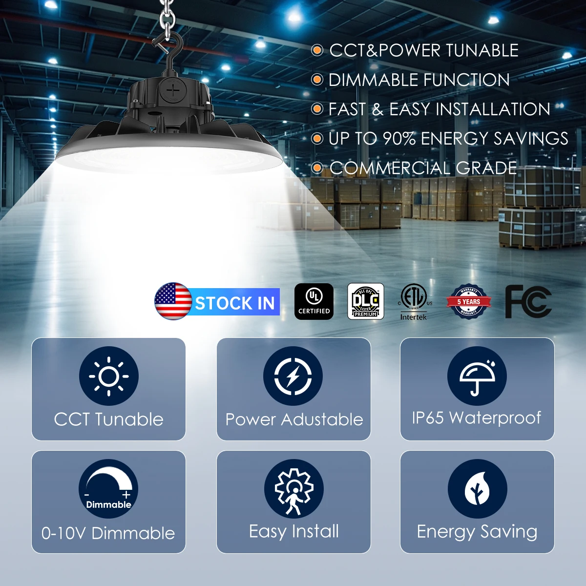 USA Modern Led High Bay Light Garage Led Light High Bay 100W 120W 150W 200W 240W 3CCT and 3Power High Bay Light for Warehouse