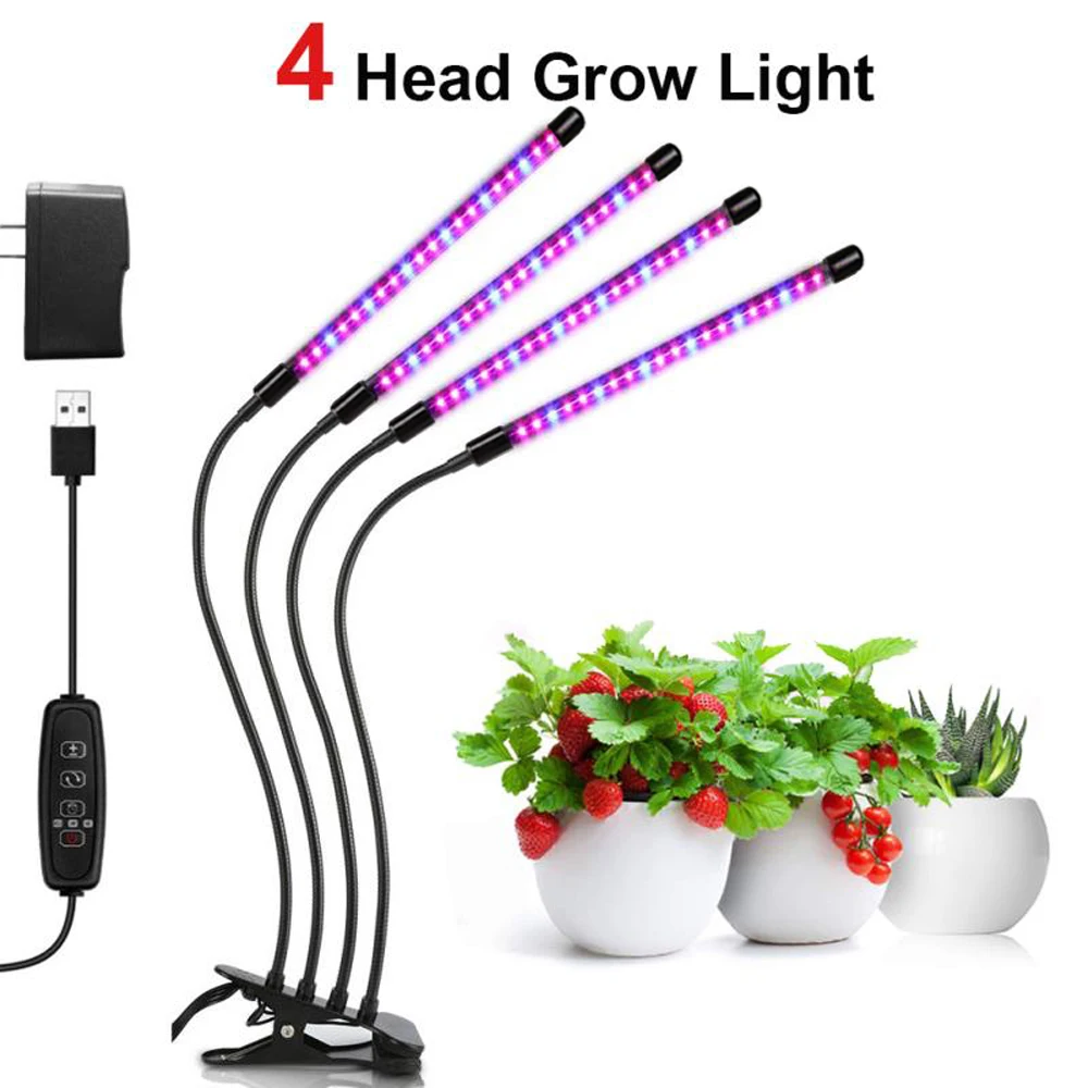 Grow Lights for Indoor Plants Seedlings Succulents 4 Head LED Light Full Spectrum Phytolamp Phyto Growth Lamp Timer 3 9 12 Hrs