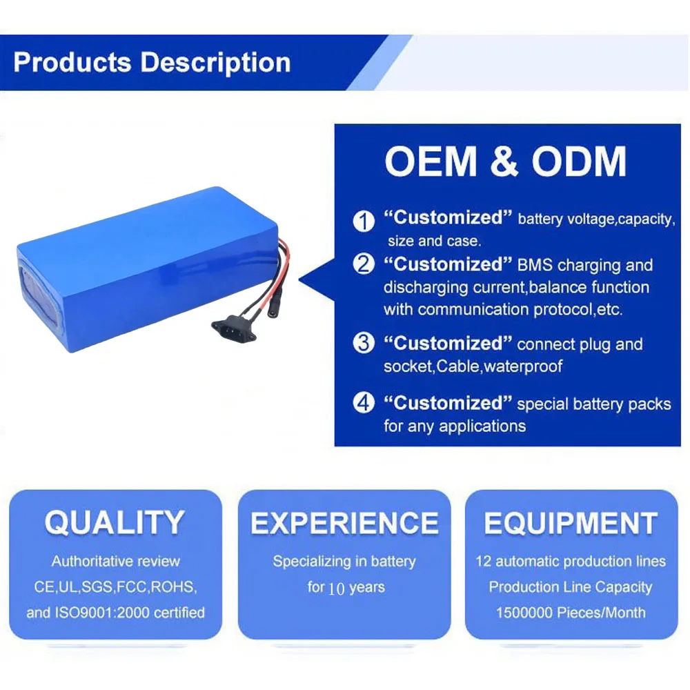 Customized 18650 12V Lithium Battery 24V 36V 48V 60V 72V 10Ah 20Ah 30Ah 40Ah 50Ah 60Ah Lithium Ion Li-Ion Ebike Battery Pack